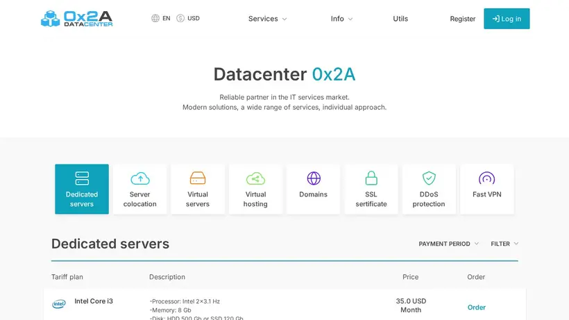 0x2a Data Center homepage screenshot
