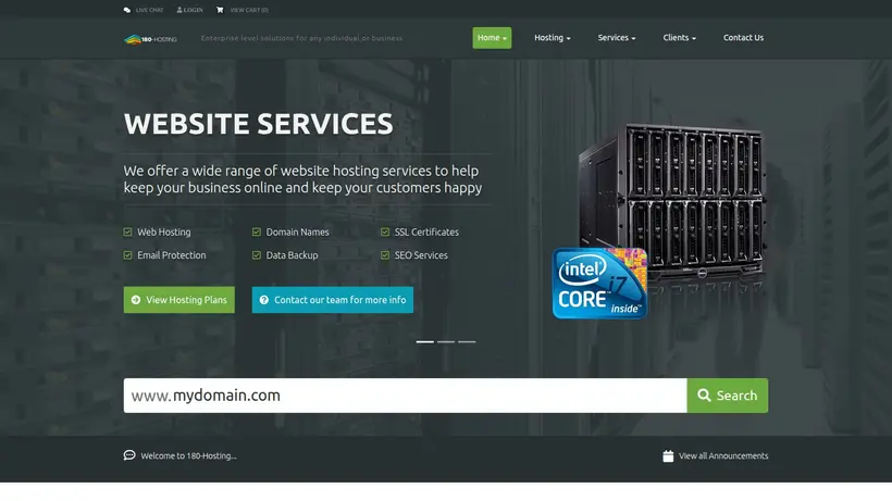180 Hosting homepage screenshot