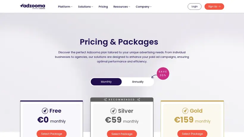 Adzooma homepage screenshot