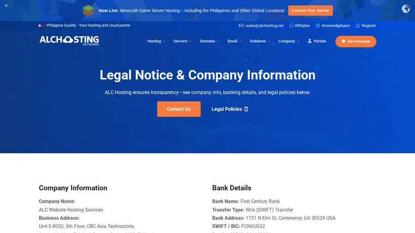 ALC Hosting homepage screenshot