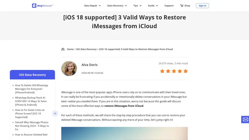 Any Recover homepage screenshot