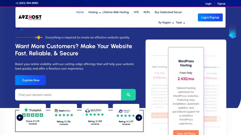 ARZ Host homepage screenshot