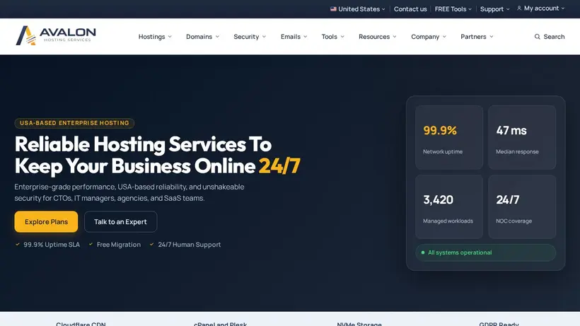 Avalon Hosting homepage screenshot