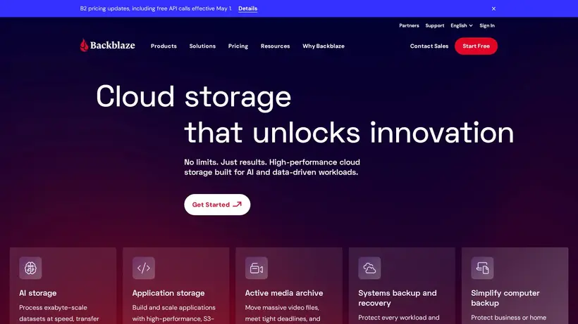 Backblaze homepage screenshot