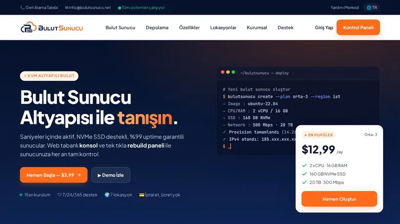 Bulut Sunucu homepage screenshot