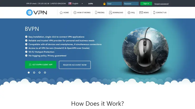 b.VPN homepage screenshot