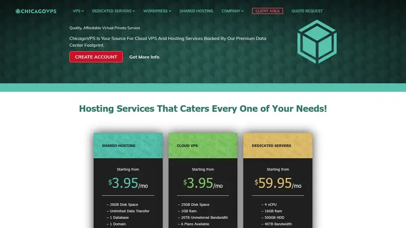 Chicago VPS homepage screenshot