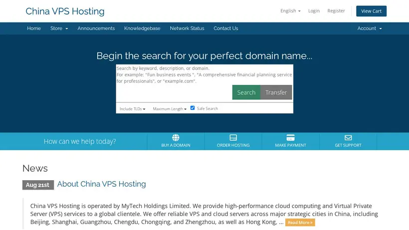 China VPS Hosting homepage screenshot