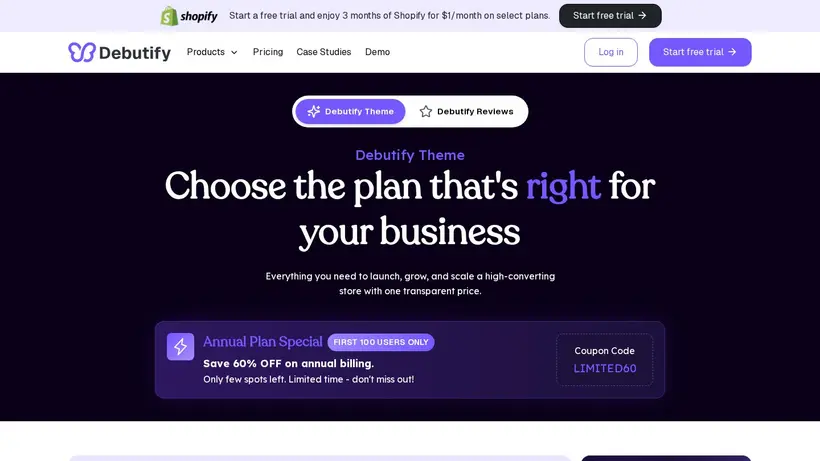 Debutify homepage screenshot