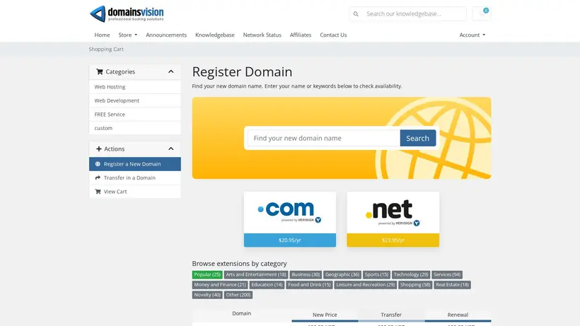 Domains Vision homepage screenshot