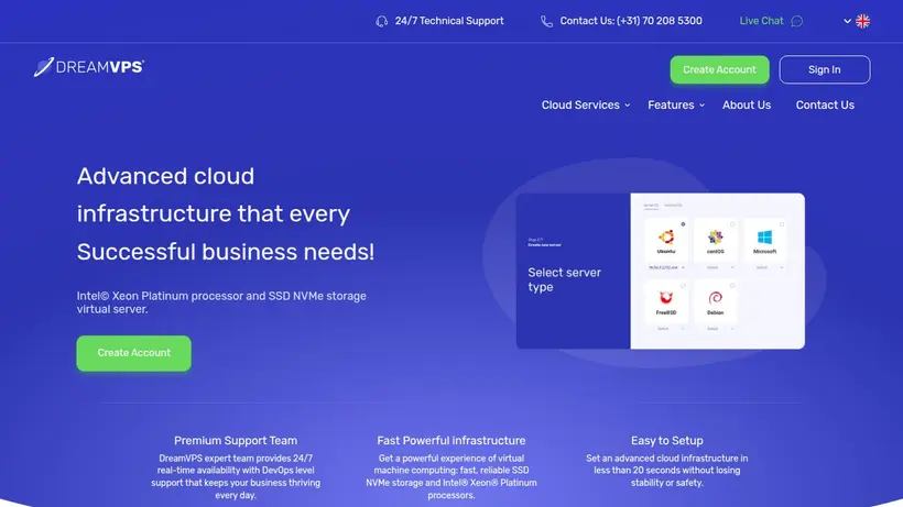 DreamVPS homepage screenshot