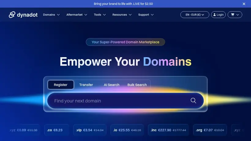 DynaDot homepage screenshot