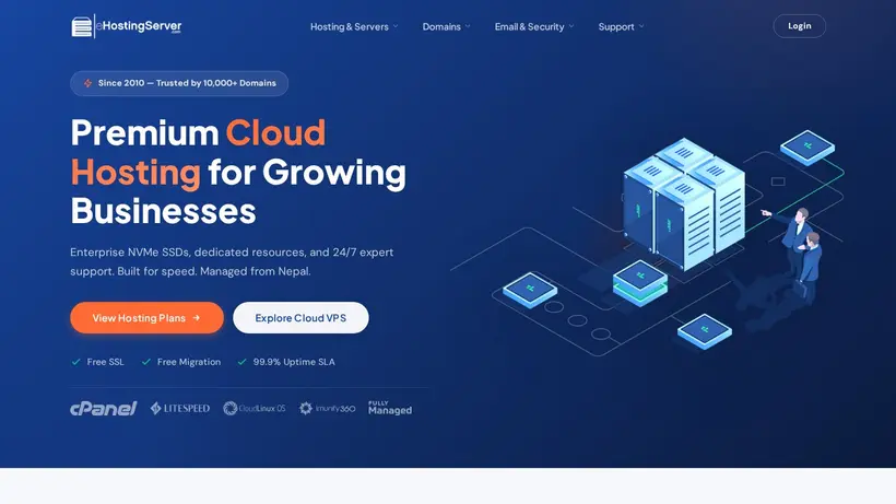 eHosting Server homepage screenshot