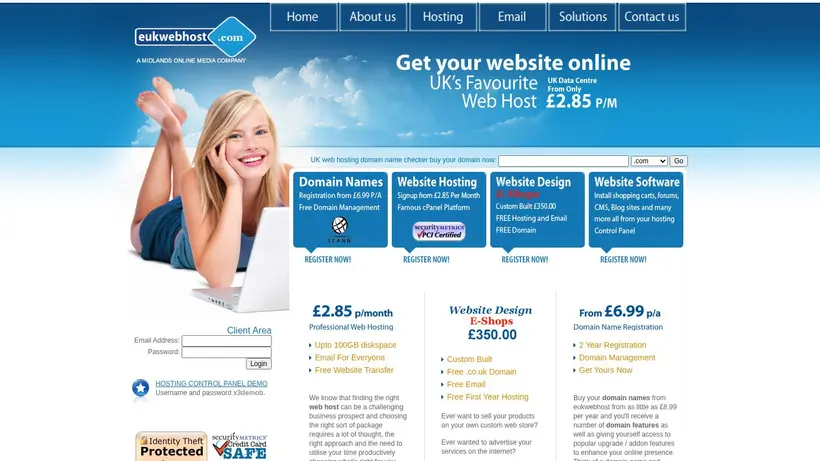 E UK Web Host homepage screenshot