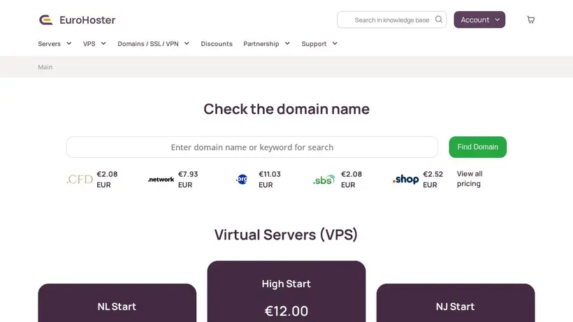 Euro Hoster homepage screenshot