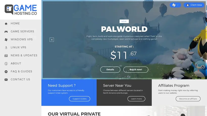 Game Hosting homepage screenshot