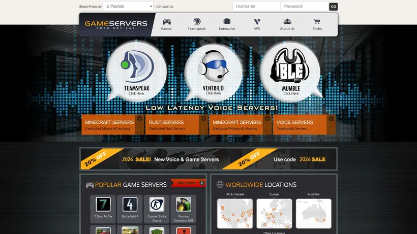 Game Servers homepage screenshot