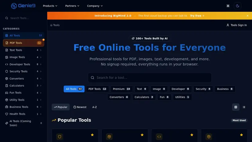 Genie 9 homepage screenshot