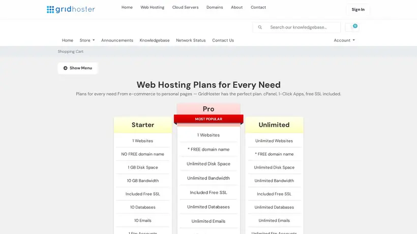 Grid Hoster homepage screenshot