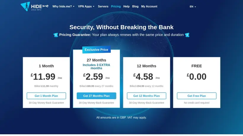 Hide.me homepage screenshot