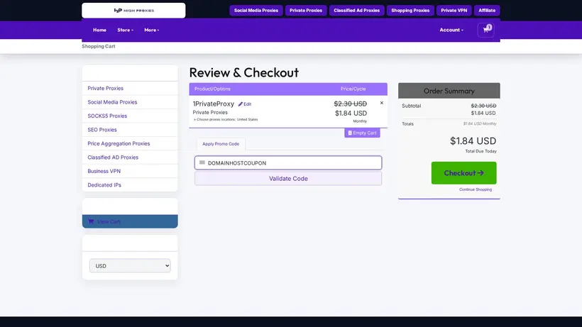High Proxies homepage screenshot
