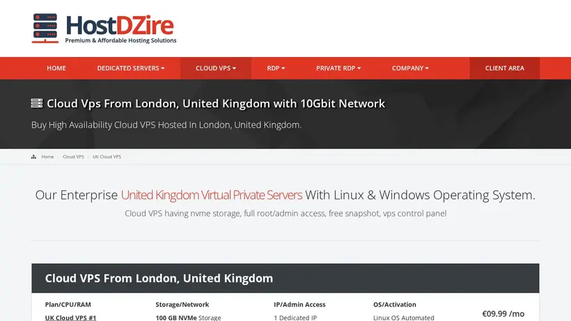 HostDZire homepage screenshot