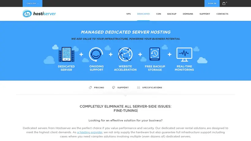 HostiServer homepage screenshot