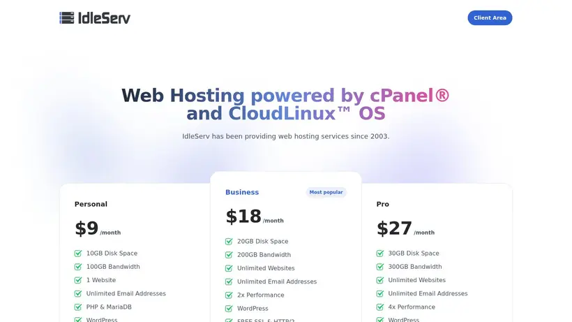 Idle Serv Web Hosting homepage screenshot