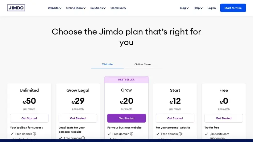 Jimdo homepage screenshot