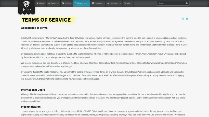 Julio CMMS homepage screenshot
