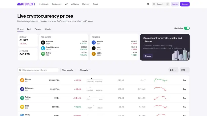 Kraken homepage screenshot