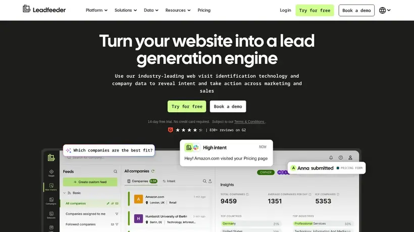 Lead Feeder homepage screenshot