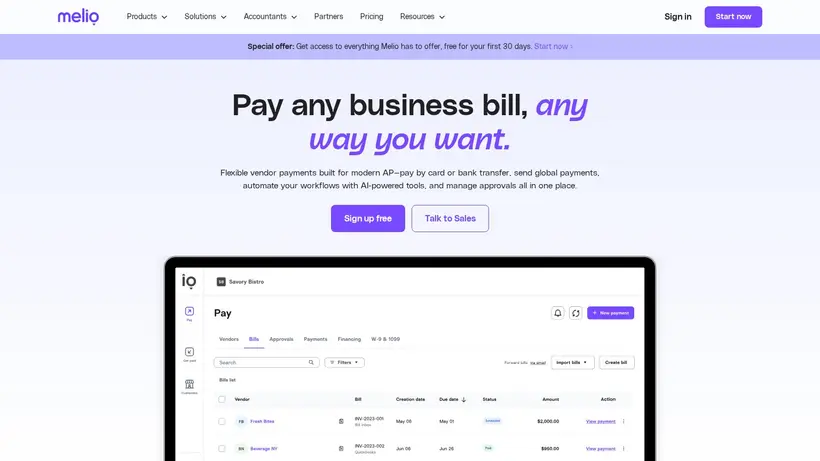 Melio homepage screenshot