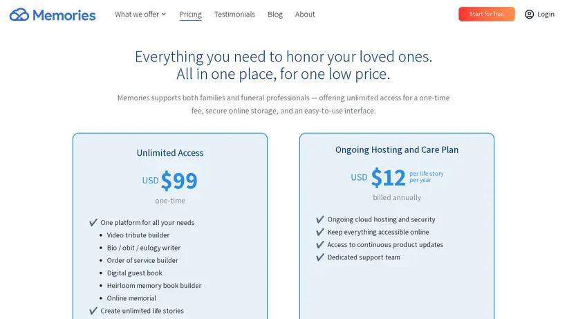 Memories homepage screenshot
