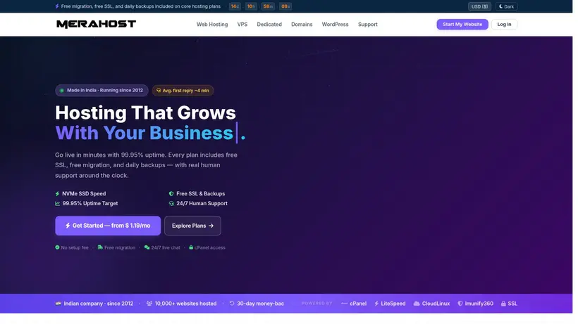 Mera Host homepage screenshot