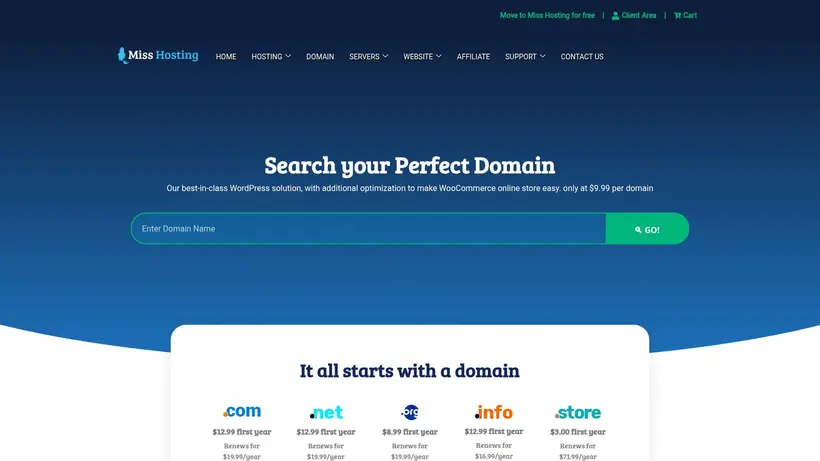 Miss Hosting homepage screenshot