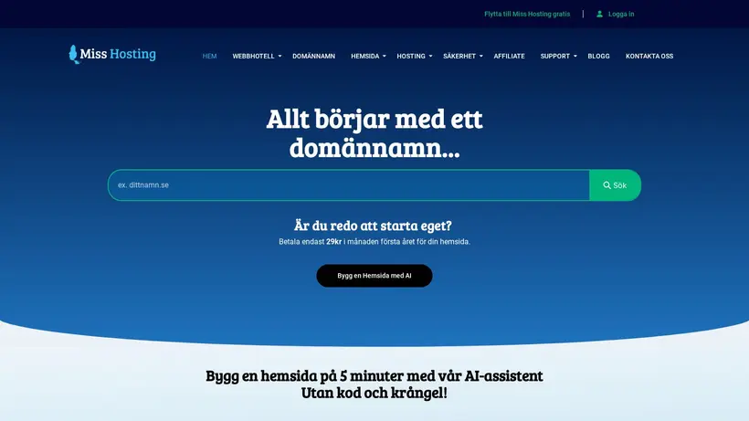 Misshosting.se homepage screenshot