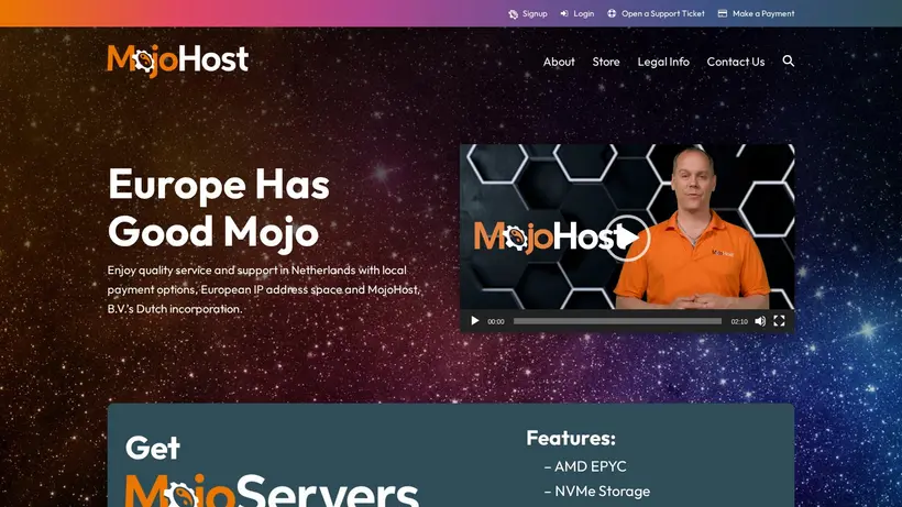 Mojo Host EU homepage screenshot