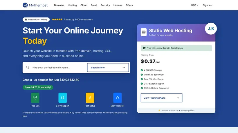 MotherHost homepage screenshot