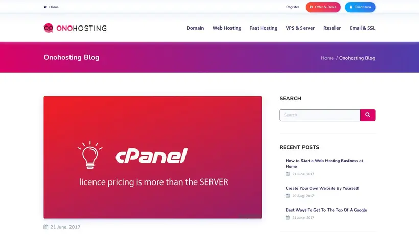 ONO Hosting homepage screenshot