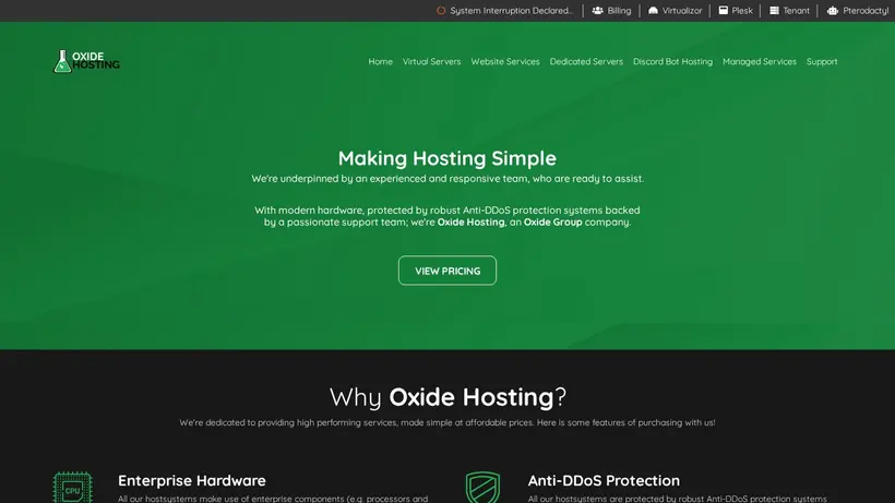 Oxide Hosting homepage screenshot