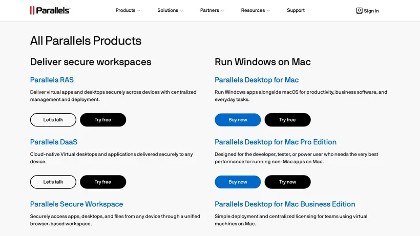 Parallels homepage screenshot
