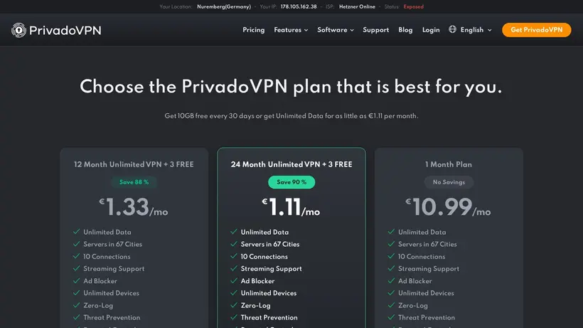 Privado VPN homepage screenshot