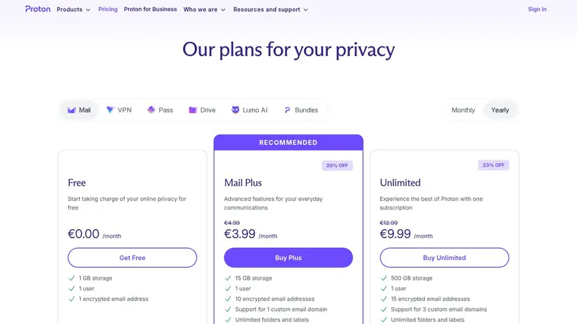 Proton Mail homepage screenshot