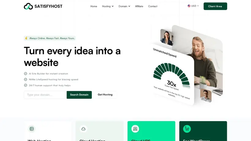 Satisfy Host homepage screenshot
