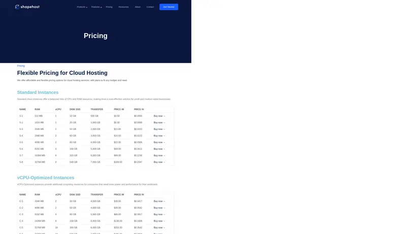 Shape Host homepage screenshot