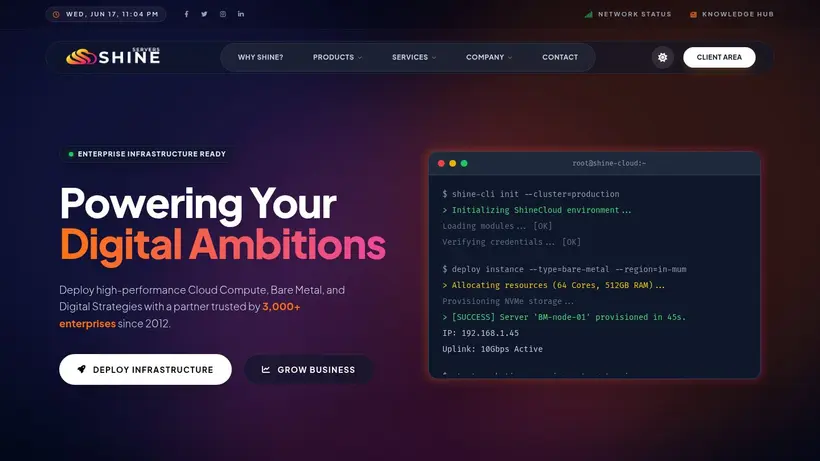 Shine Servers homepage screenshot