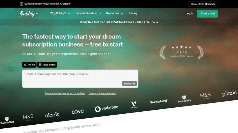 Subbly homepage screenshot
