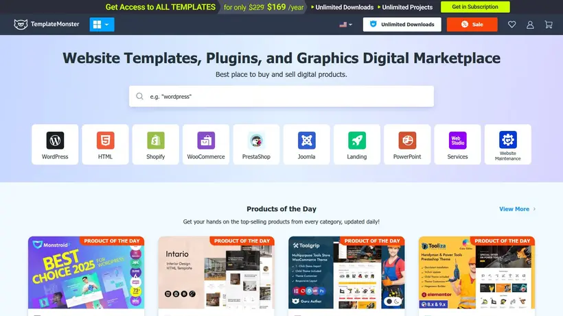 Template Monster homepage screenshot