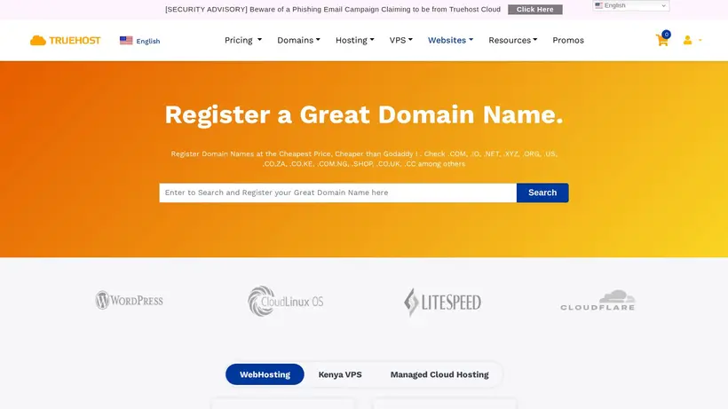 Truehost Cloud homepage screenshot
